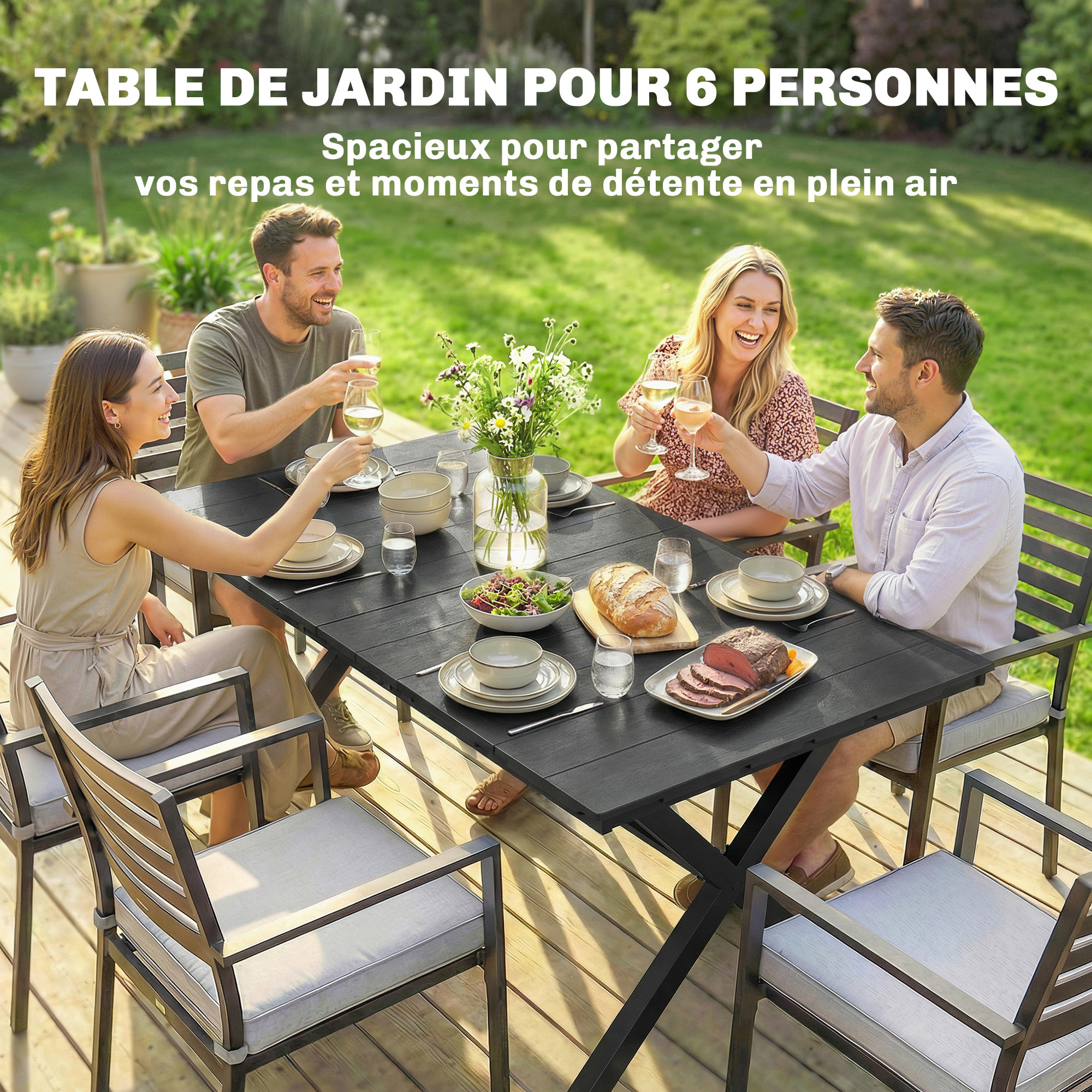 Table de jardin rectangulaire design 4-6 pers. piètement croisé plateau effet bois noir