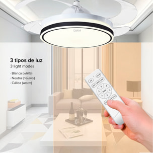 Ventilador de techo L433 107cm, aspas retráctiles, motor DC 30W, luz LED regulable de 60W, 6 velocidades, modo verano/invierno. Mando a distancia.