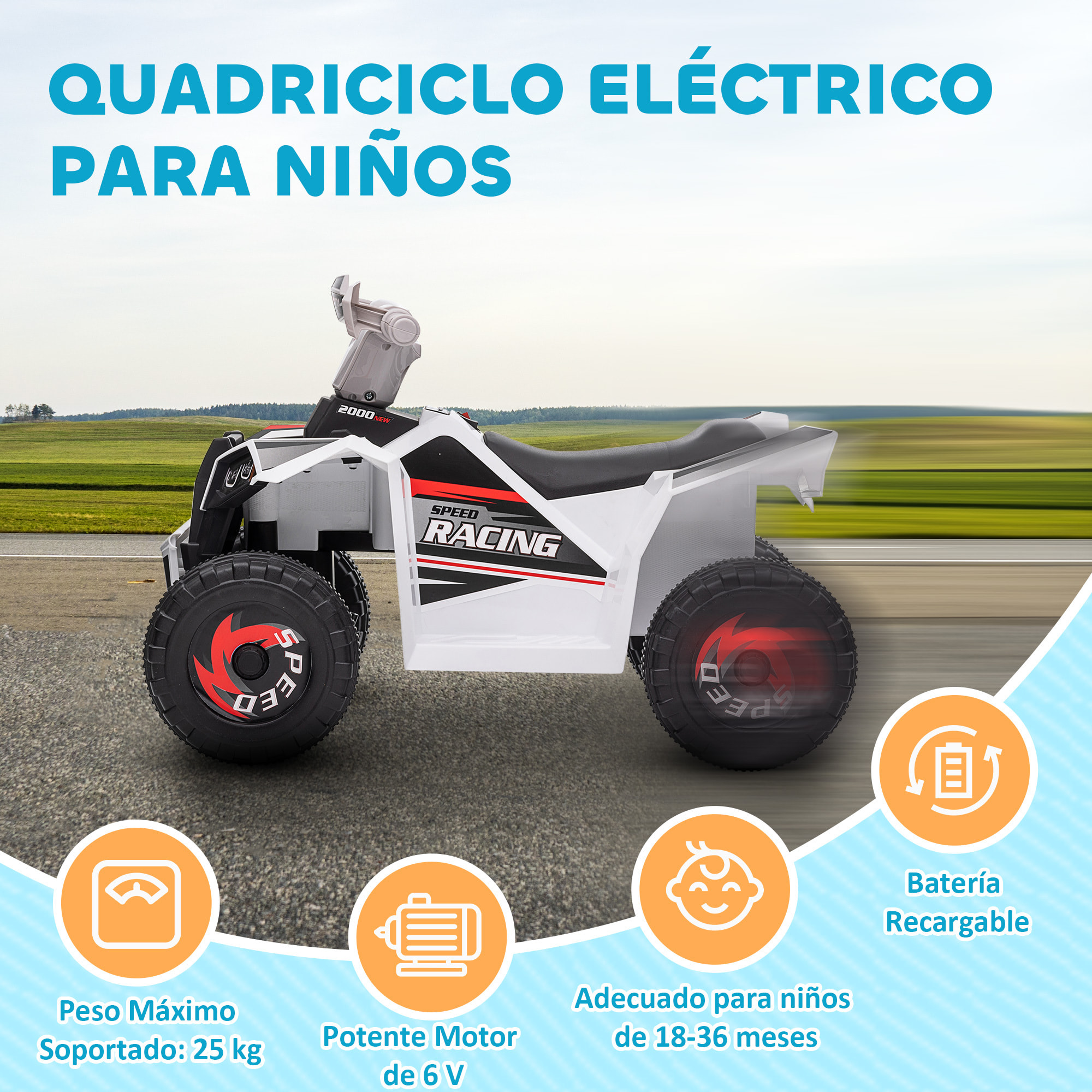 Quad Eléctrico para Niños 6V, Quad para Niños de 18-36 Meses con Avance y Retroceso, Velocidad de 2,5 km/h, Blanco