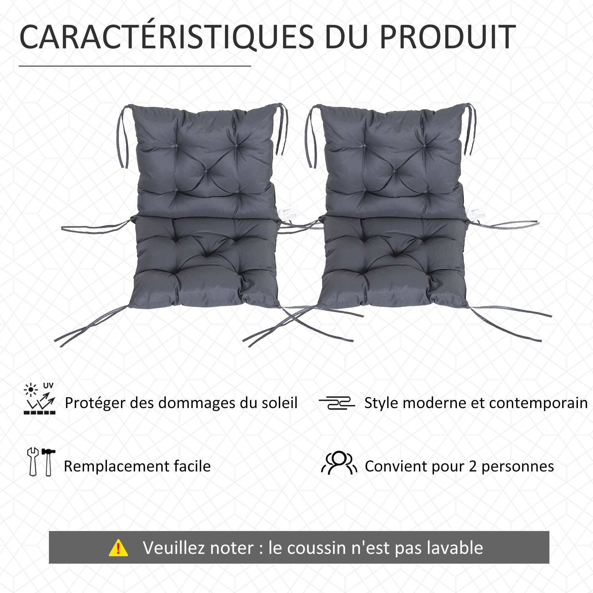 Lot de 2 coussins matelas assise dossier 2 en 1 pour chaise fauteuil grand confort 98L x 50l x 8H cm gris