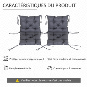 Lot de 2 coussins matelas assise dossier 2 en 1 pour chaise fauteuil grand confort 98L x 50l x 8H cm gris