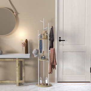 Porte-manteau design contemporain branches 2 étagères 9 patères Ø 40 x 167H cm aspect chêne clair acier blanc