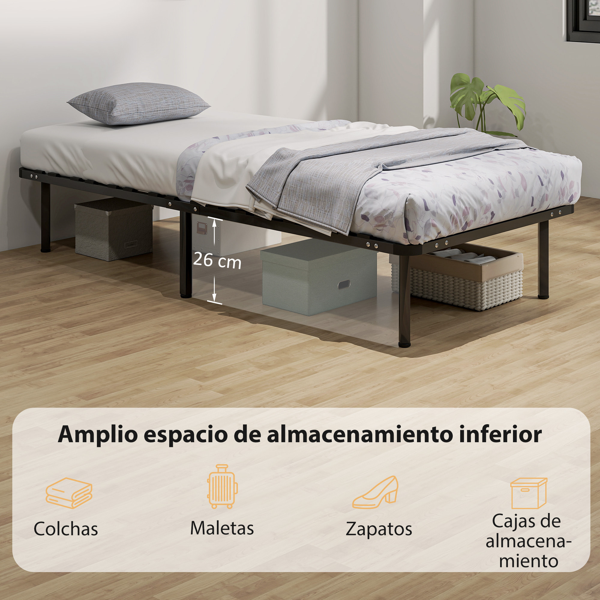 Somier 90x190 cm, Altura 26 cm, Estructura de Cama de Plataforma de Acero con Espacio de Almacenamiento Debajo y Láminas de Álamo, Fácil de Montar, Carga 300 kg, Negro