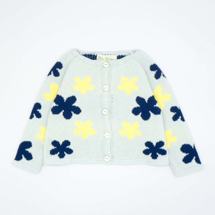 CHAQUETA PUNTO FLORES AMARILLO AZUL Y GRIS