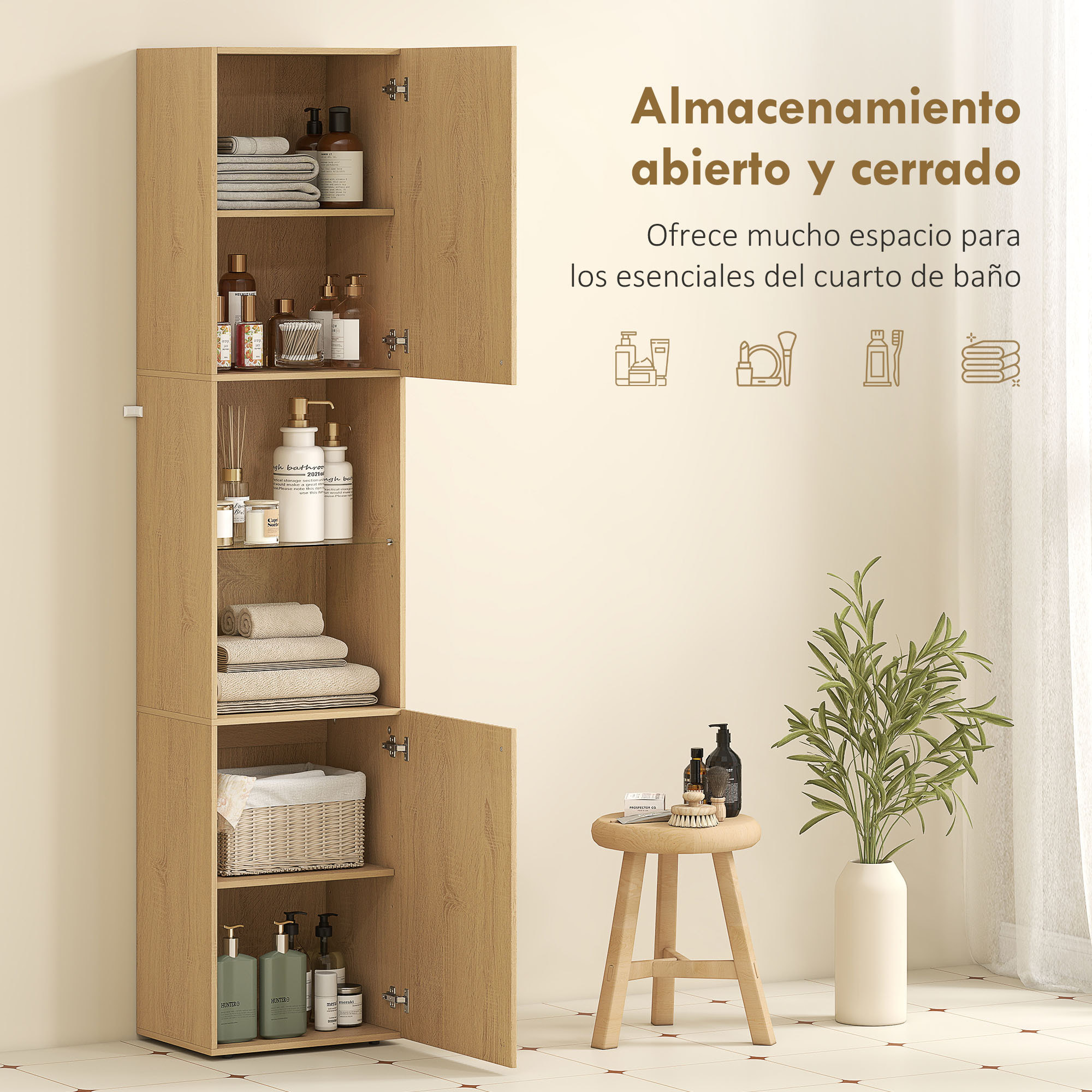 Armario de Baño Alto, Columna de Baño Estrecha de 6 Niveles con 2 Puertas, Estante de Vidrio Templado, Estantes Ajustables, 40x31x182 cm, Roble