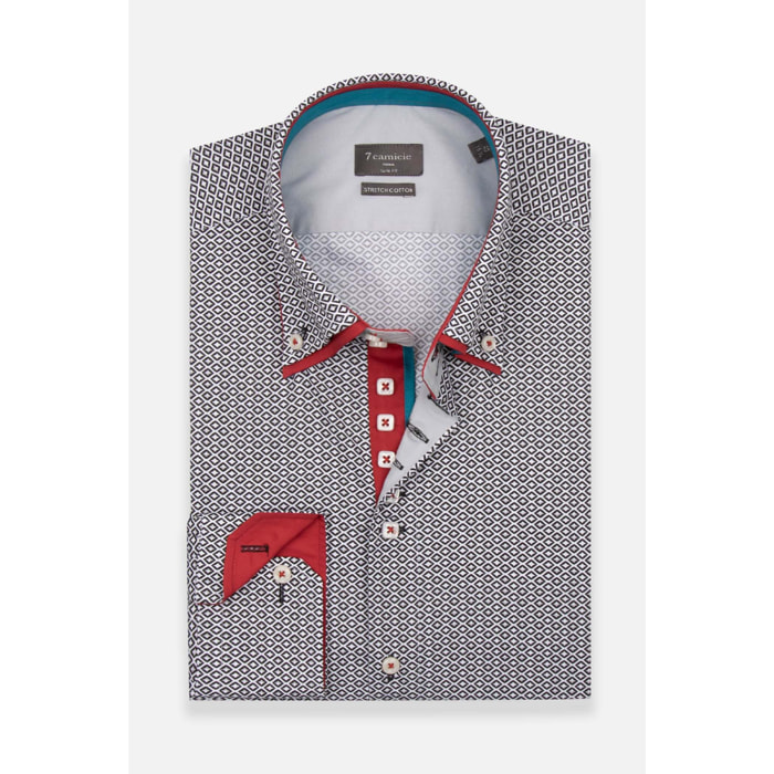 Camicia Uomo 2 Bottoni Button Down 7bottoni Doppio Coll Popeline Stretch Stampato Bianco/Nero