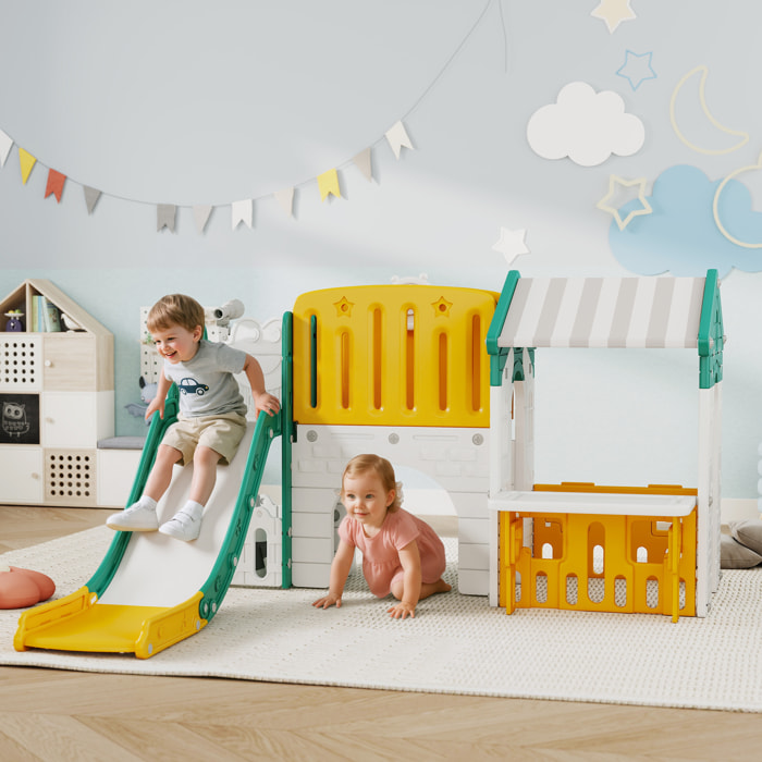 Tobogán Infantil 7 en 1 con Caseta para Niños, Tobogán con Escalera, Aro de Baloncesto, Túnel, Pizarra, Telescopio, para Interior, Amarillo y Verde