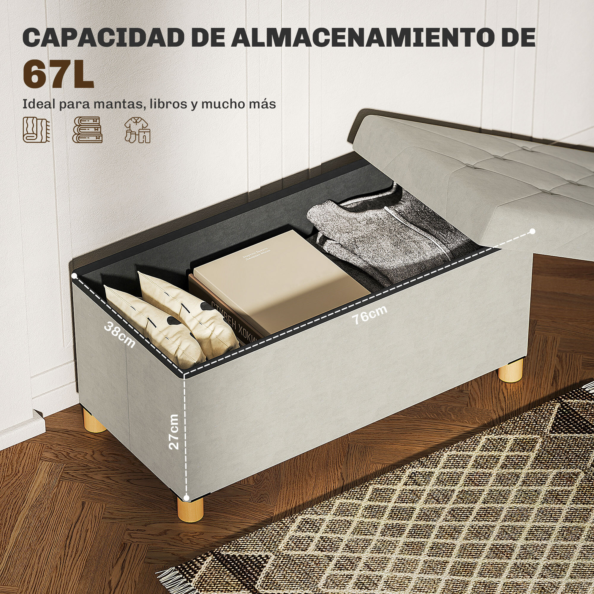 Puff Almacenaje, Banco Almacenaje Plegable, Capacidad de 67 L, 76x38x38 cm, Tapizado en Terciopelo, Baúl de Almacenamiento Dormitorio, Carga 120 kg, para Sala de Estar, Entrada, Crema