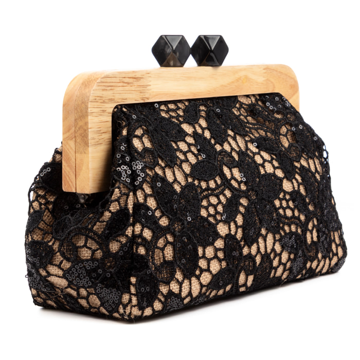 Borbera Borsa a tracolla Donna. Realizzata in legno naturale, cotone e juta con design a rete in tessuto floreale.