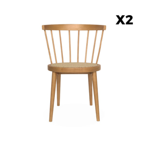 Lot de 2 chaises naturelles en bois et cannage. Nora. L 54 x P 54 x H 76.5cm.