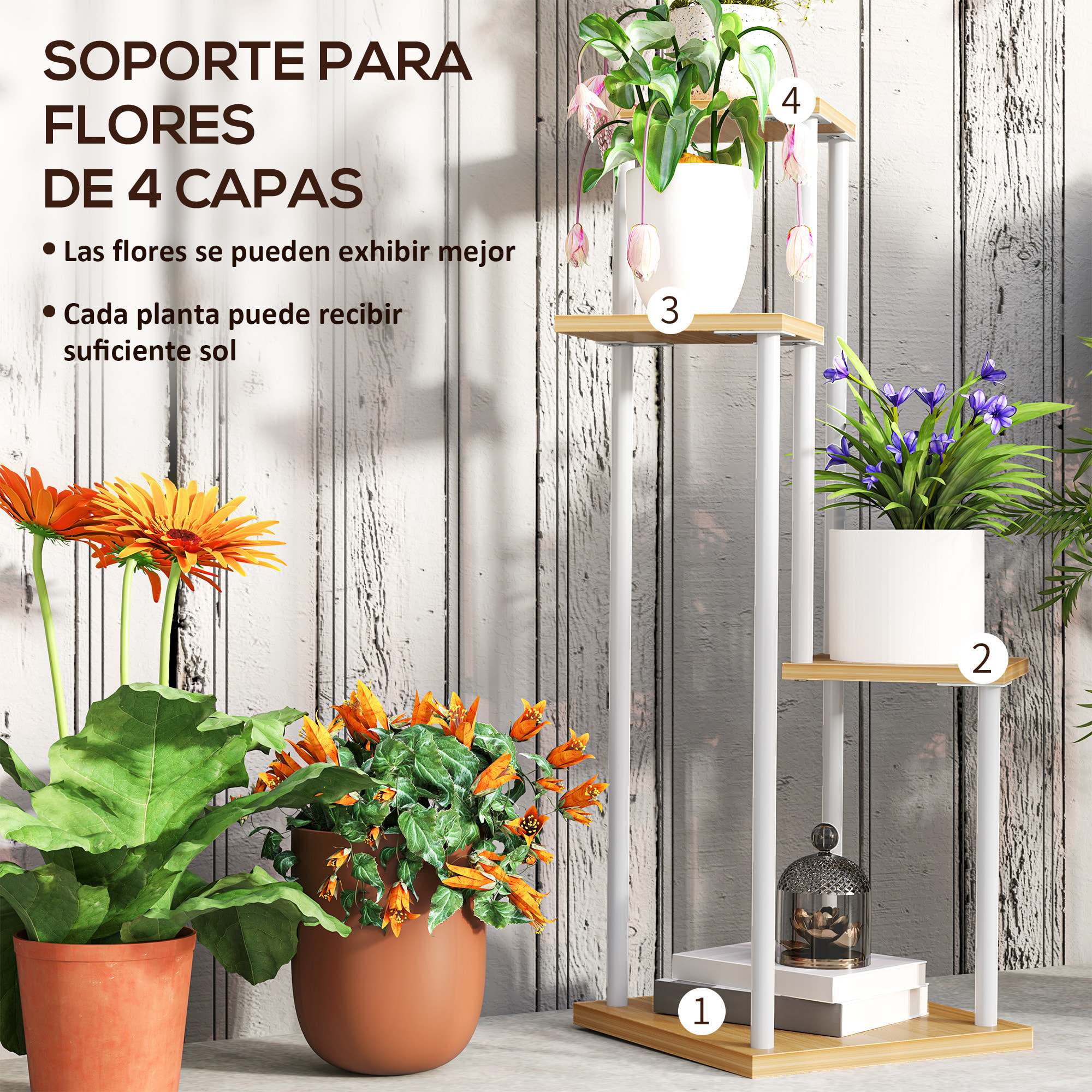 Estantería para Plantas de 4 Niveles Soporte para Plantas de Madera y Acero con 4 Estantes Cuadrados Soporte para Macetas para Interior y Exterior 53x42x85 cm Natural y Blanco