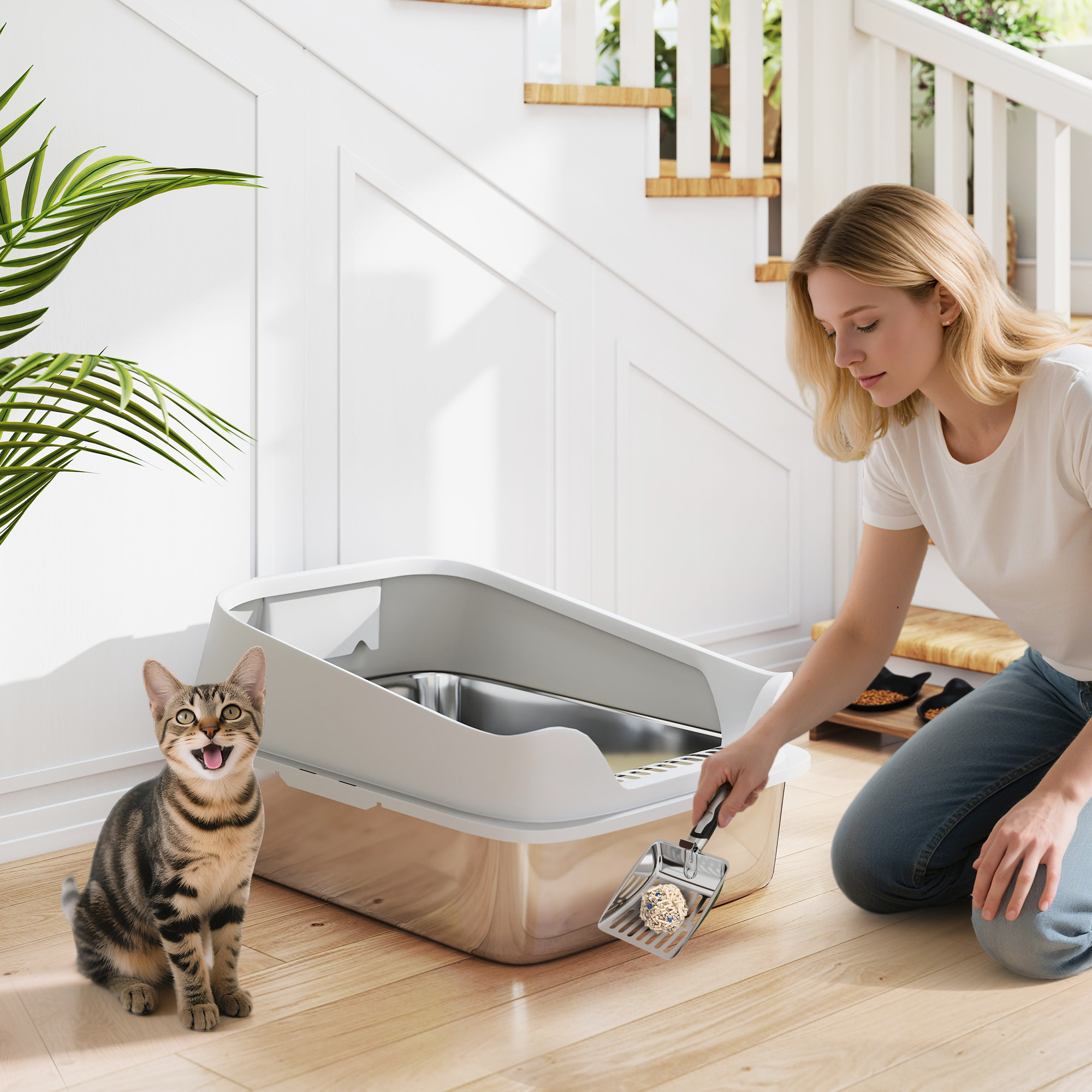Arenero para Gatos de Acero Inoxidable XL, Caja de Arena para Gatos, Arenero con Borde Alto, Pala Metálica, Fácil de Limpiar, Prueba de Fugas, 60,2x40,2x29,7 cm, Gris