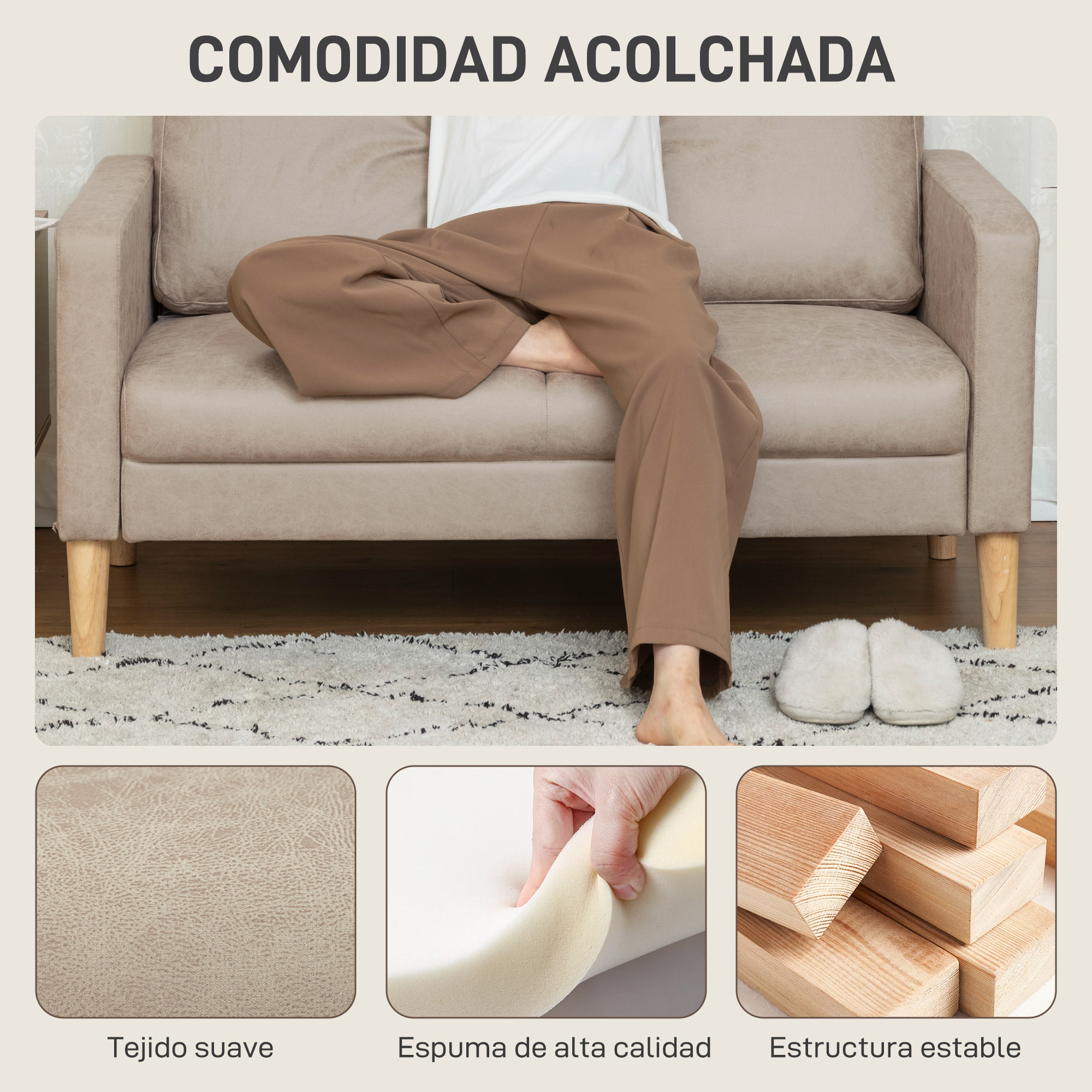 Sofá de 2 Plazas, Tapizado en Microfibra, Sofá Moderno con Patas de Madera, Reposabrazos, para Salón, Dormitorio, Oficina, Sala de Estar, 130x78x85 cm, Crema