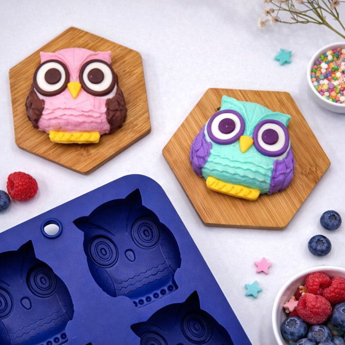 Lot de 6 mini moules en silicone forme Hibou, Happy Cake