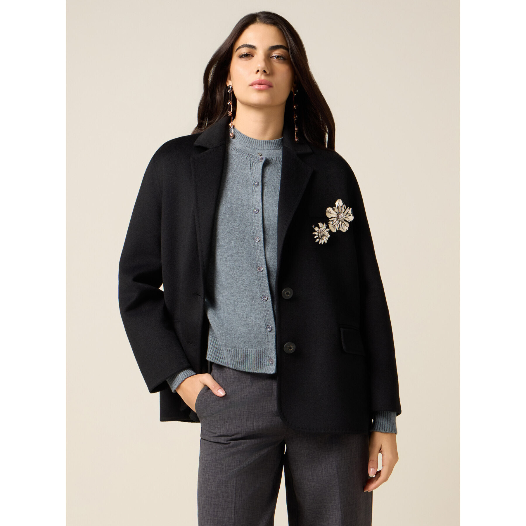 Oltre - Chaqueta desestructurada mezcla lana con broches - Negro