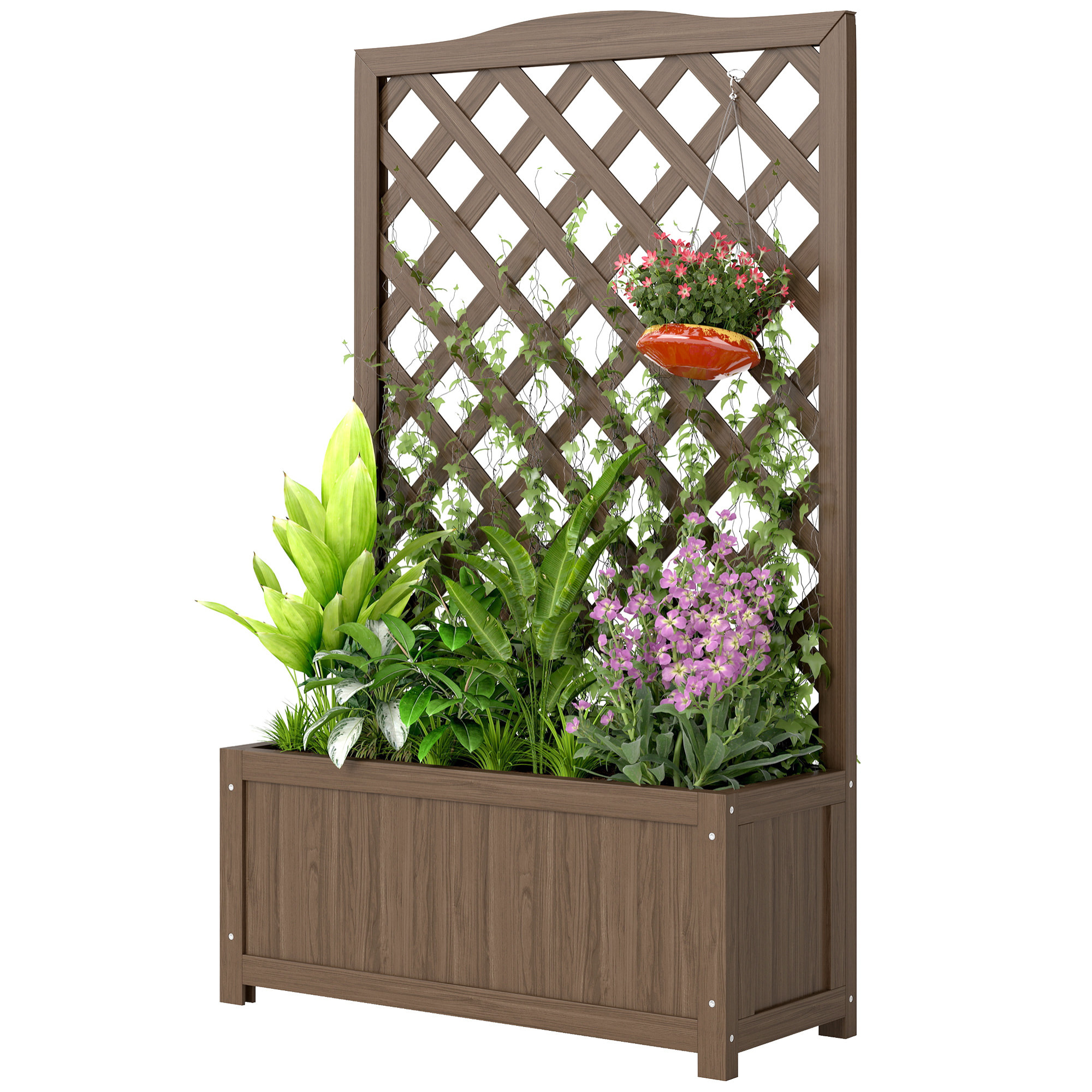 Jardinière avec treillis - bac à fleurs - jardinière sur pied - dim. 70L x 28l x 117H cm - fond à lattes - bois verni