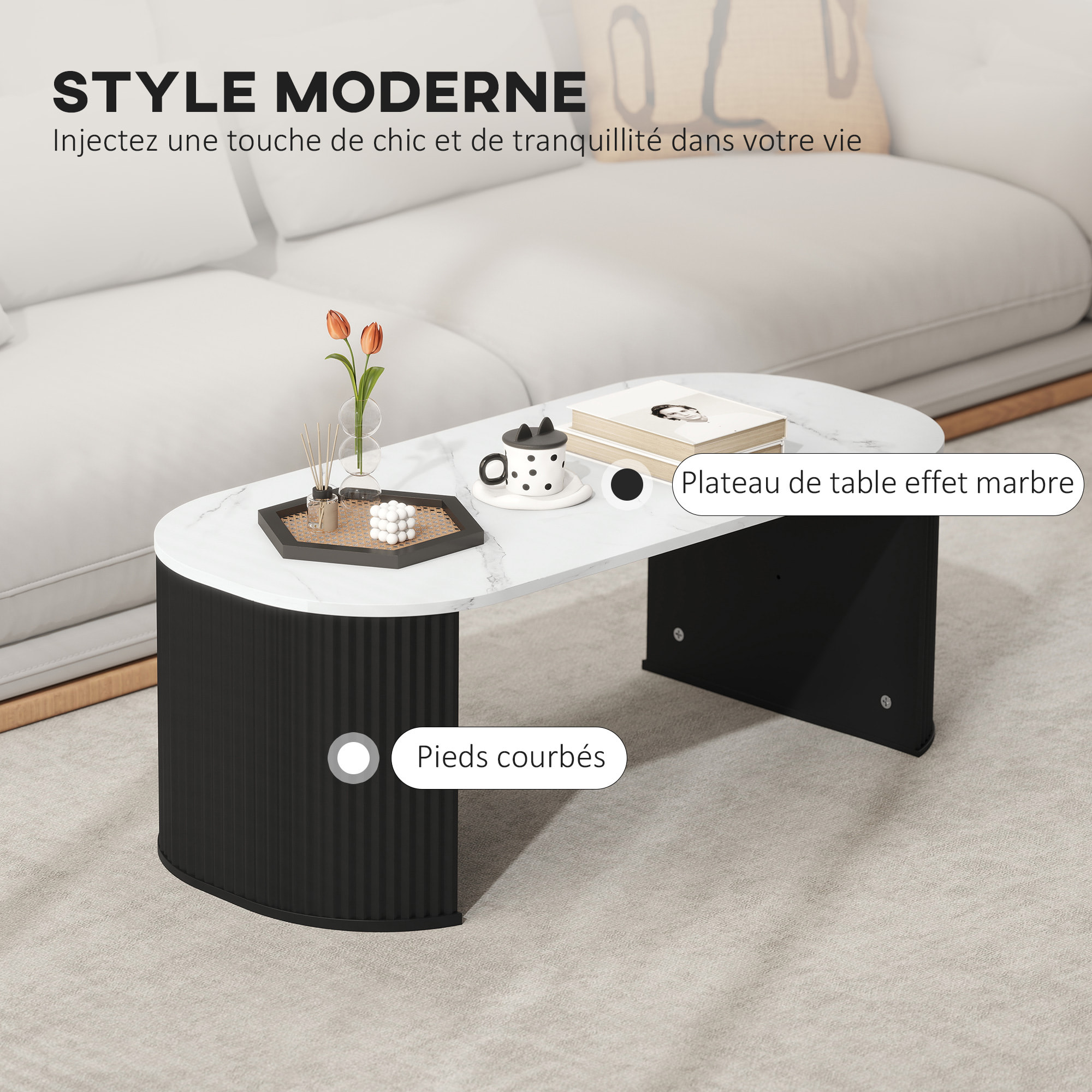 Table basse design ovale effet marbre blanc dim. 110 x 50 x 40 cm noir