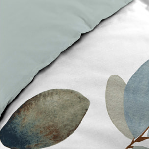 Parure de lit 3 pièces 100 % coton imprimé à motif végétal housse + taies - Bleu