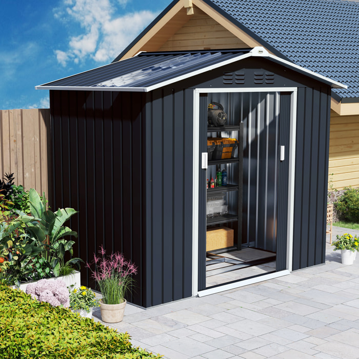 Cobertizo de Jardín 2,42m² con Base de Refuerzo Sin Suelo 213x130x185 cm Caseta de Jardín Exterior con Puertas Correderas Claraboya 4 Ventanas para Almacenamiento de Herramientas Gris Oscuro