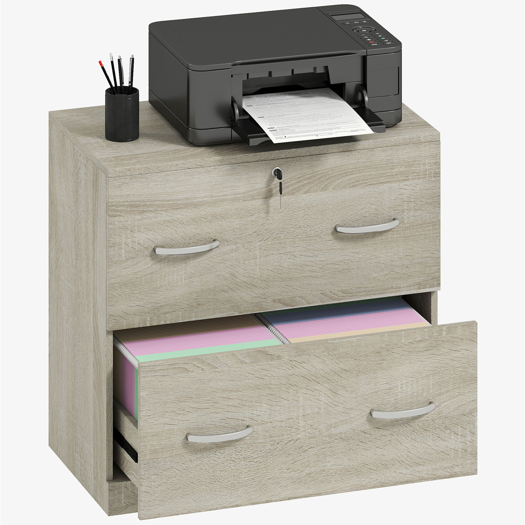 Cajonera de Escritorio con 2 Cajones Cajonera de Oficina con Guías para Carpetas Colgantes para A4 Cerradura y 2 Llaves para Estudio Salón 77x42x72 cm Natural