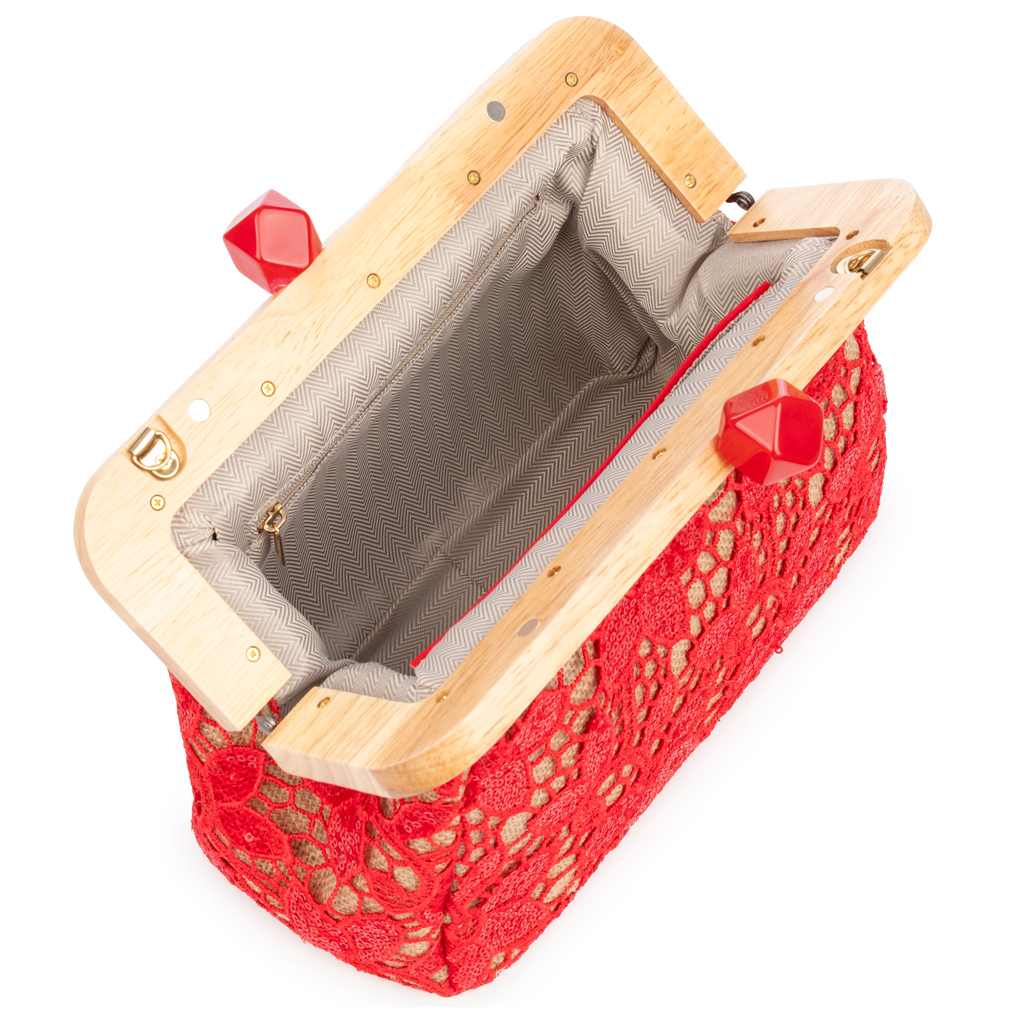 Borbera Borsa a tracolla Donna. Realizzata in legno naturale, cotone e juta con design in rete di tessuto floreale.