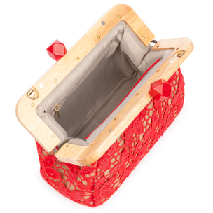 Borbera Borsa a tracolla Donna. Realizzata in legno naturale, cotone e juta con design in rete di tessuto floreale.