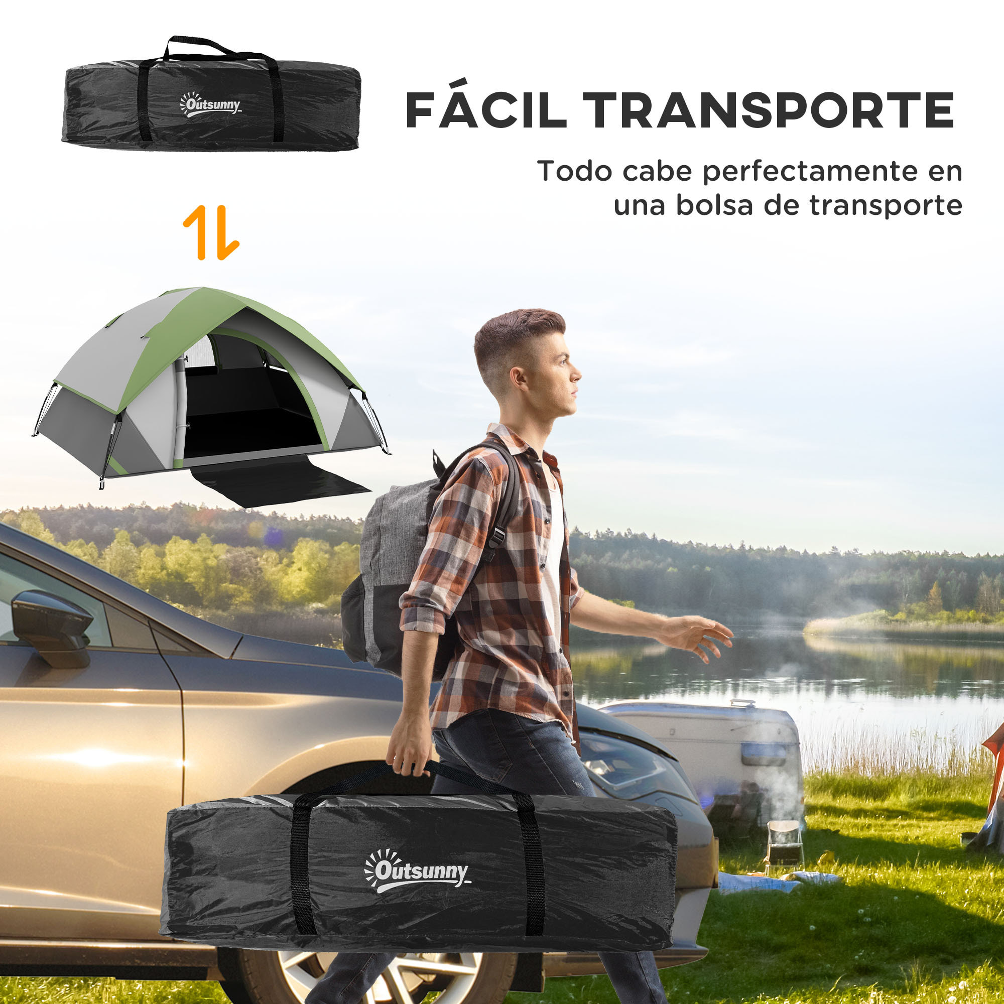 Tienda de Campaña para 2 Personas Tienda de Camping Plegable Ligero con Ventana y Bolsa de Transporte Impermeable 3000 mm 210x150x110 cm Verde