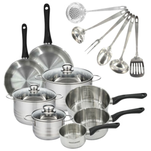 Set 2 poêles, 3 casseroles 12 16 20 cm, 3 faitouts 16, 20 et 24 cm en inox et 6 ustensiles inox Fackelmann Geneva