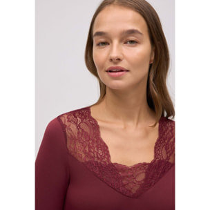 Maglietta termica con scollo a V e pizzo color marrone