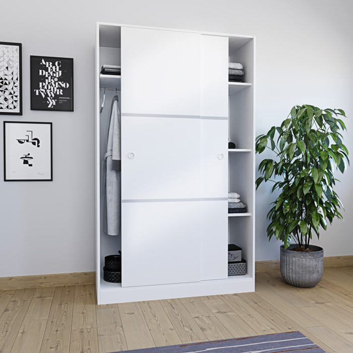 Armadio Armadietto Guardaroba Reus Resistente Robusto Multiuso con 2 Ante Scorrevoli 1 Barra Appendiabiti 4 Ripiani 200 x 120 x 50 Cm Bianco Lucido