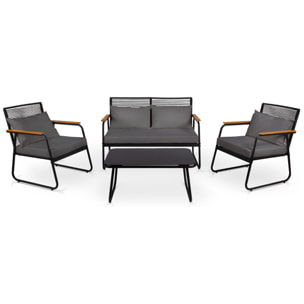 Conjunto de jardín 4 plazas, mesa centro+sofá+sillones de acero gris