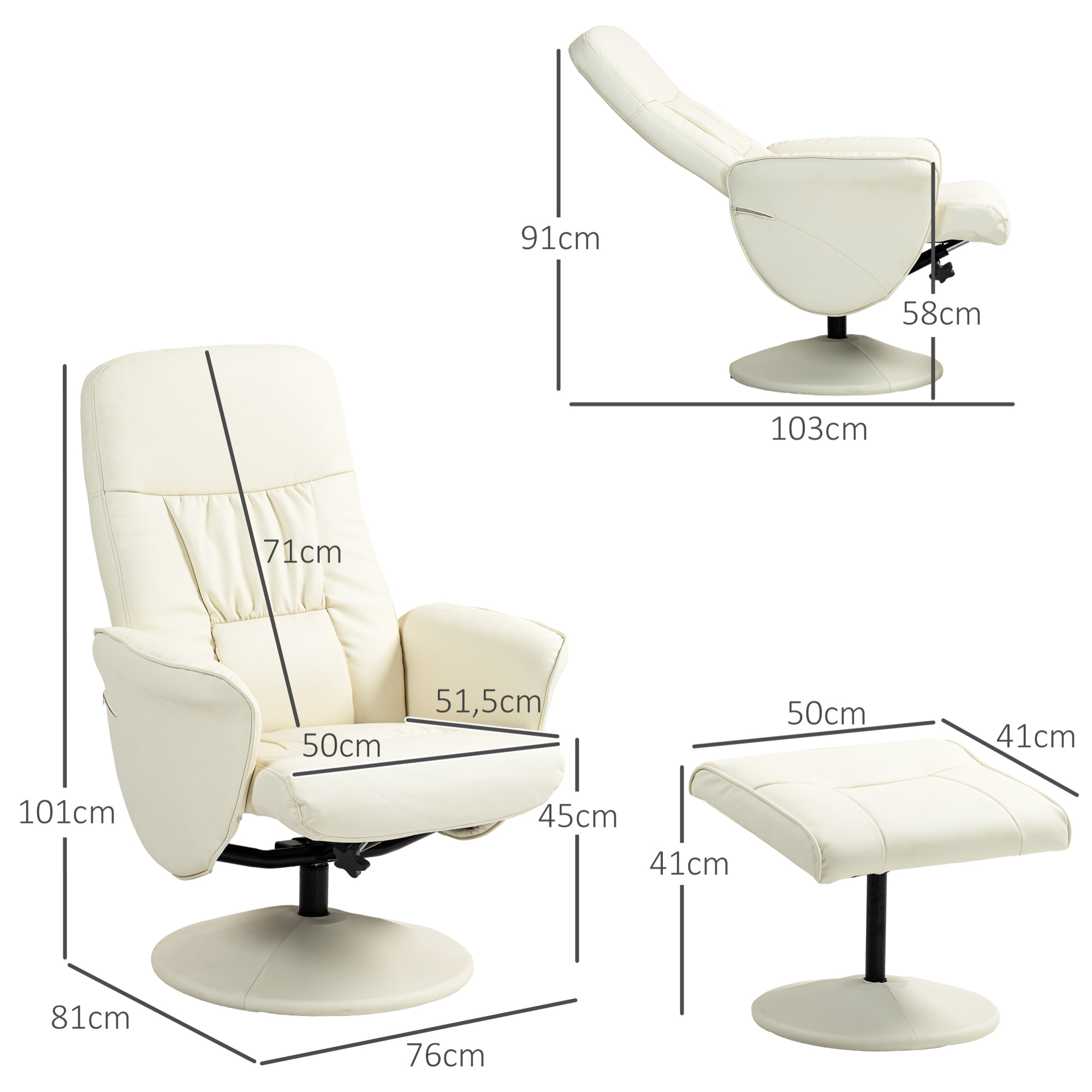 Sillón de Salón con Otomana Reposapiés Tapizado en PU Sillón Relax Reclinable hasta 145° y Giratorio 360° con Respaldo Ajustable para Salón Dormitorio Oficina 76x81x101 cm Blanco Crema