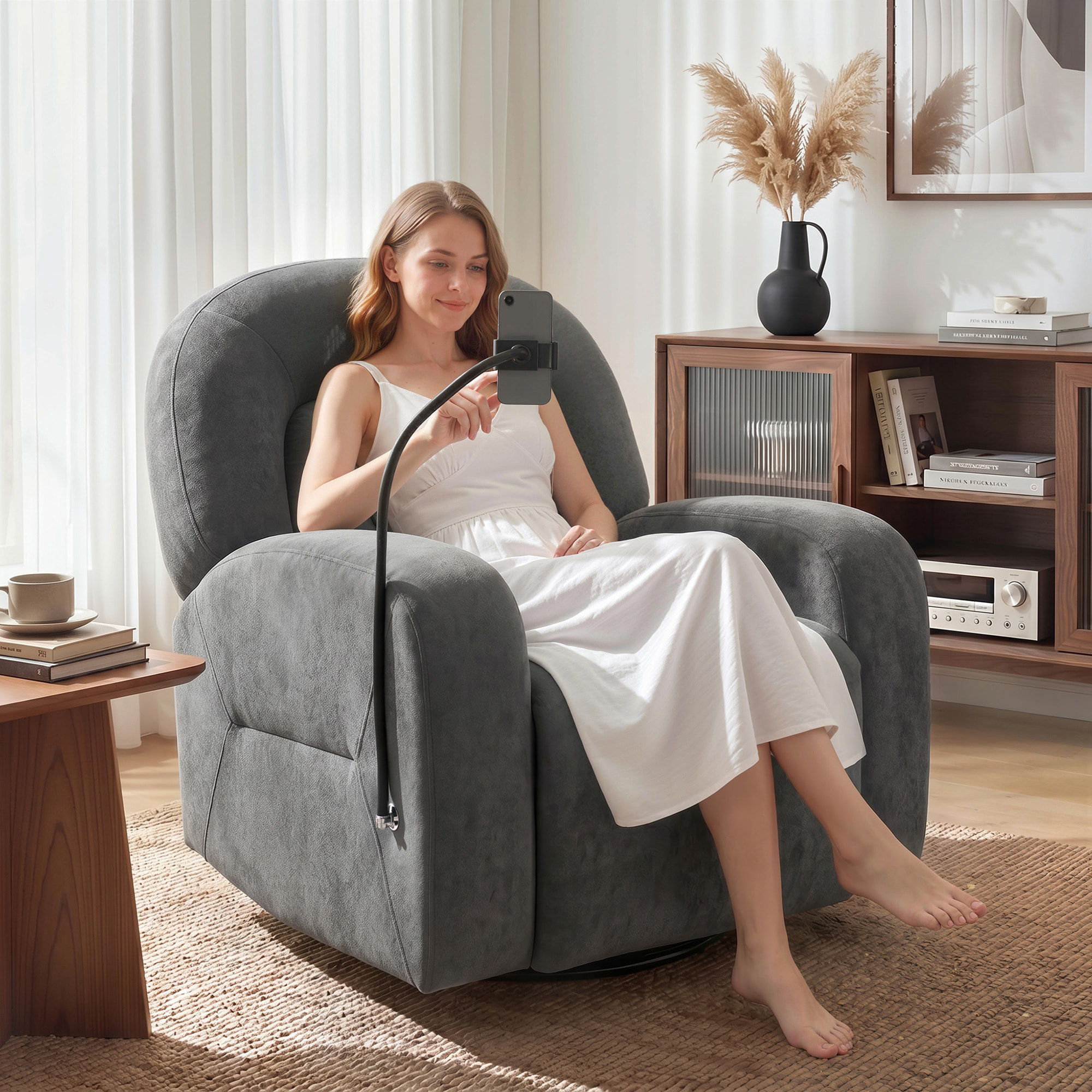 HOMCOM Sillón Relax Reclinable 3 en 1, Sillón Relax con Función Mecedora, Giratorio 360°, Soporte para Teléfono, Asiento Amplio, Respaldo Ancho, Tapizado en Terciopelo, Gris
