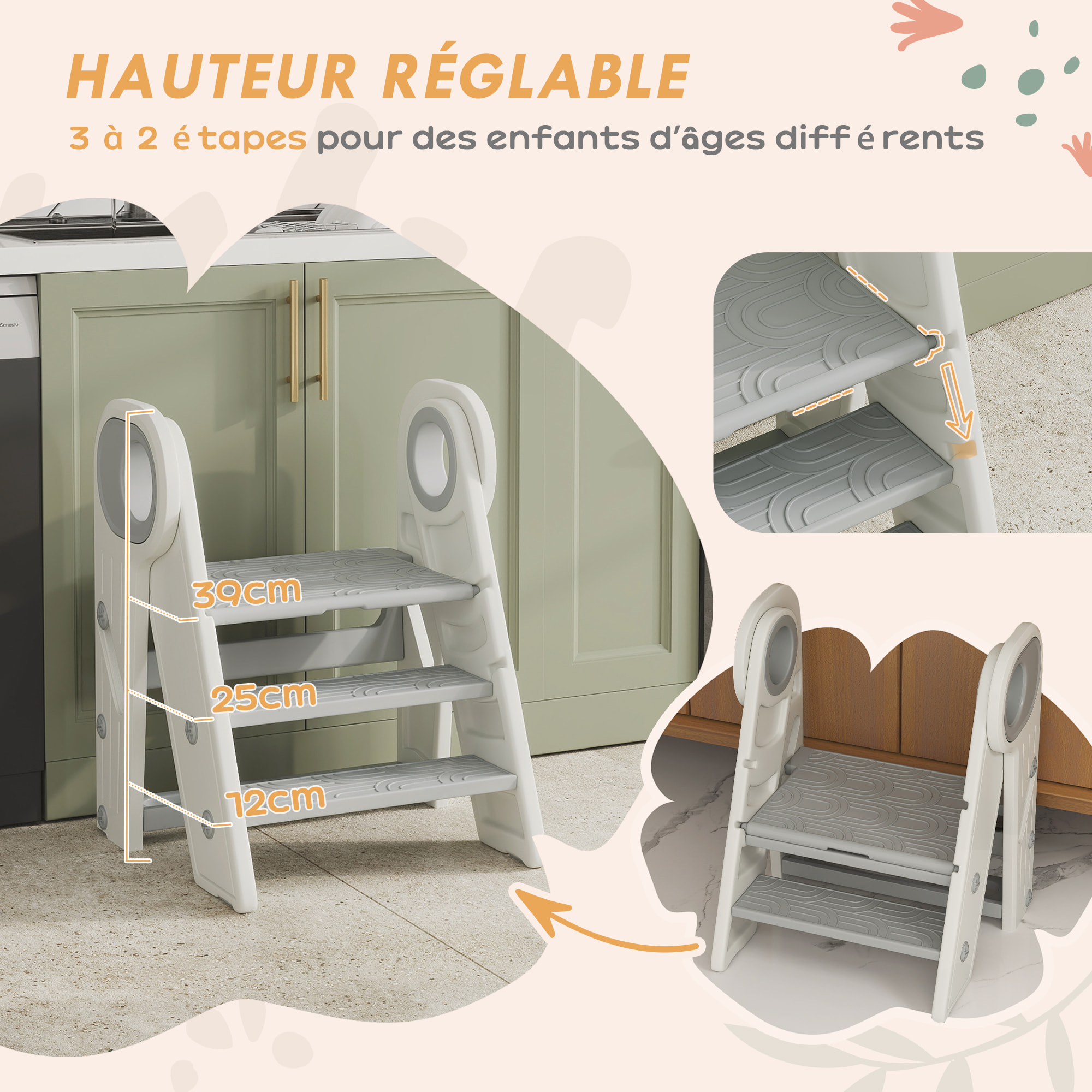 Marchepied enfant pliable 2 ou 3 marches modulable - charge max. 25 Kg - HDPE blanc gris
