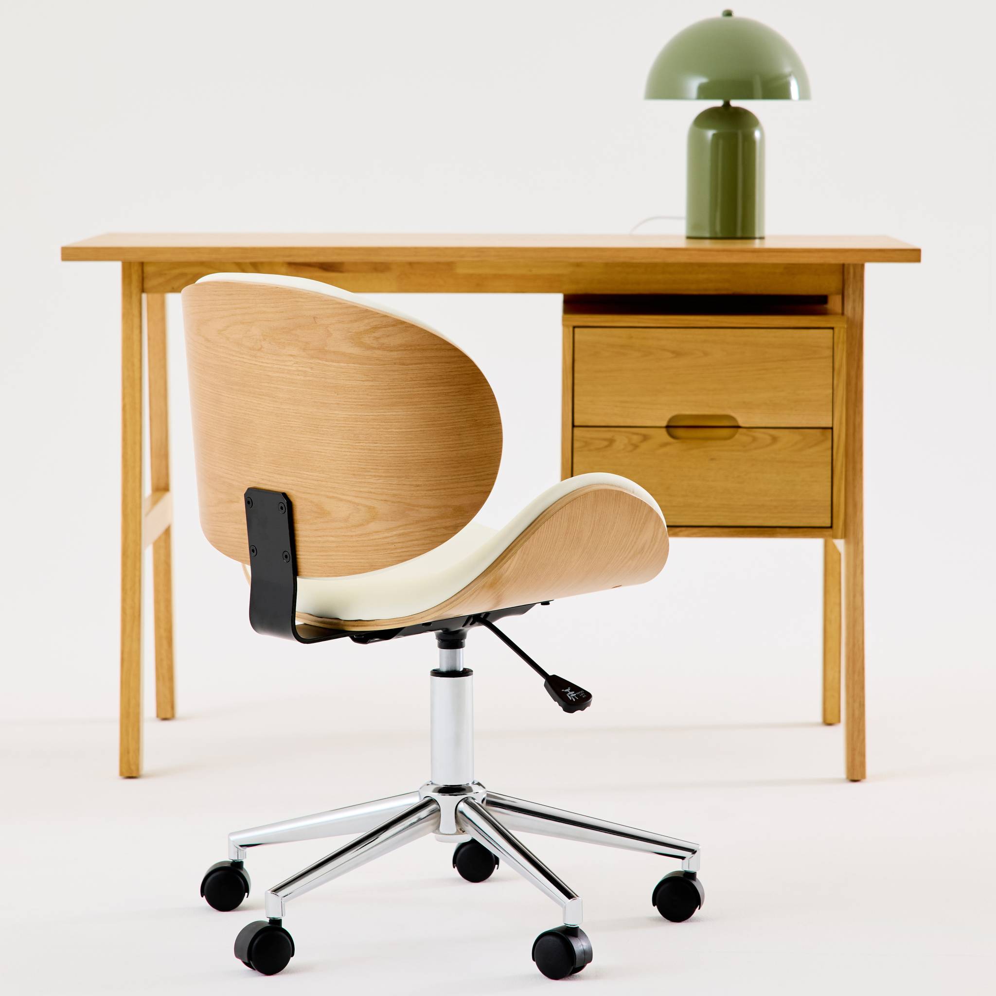 Chaise de bureau à roulettes décor bois courbé et simili cuir DWIGHT