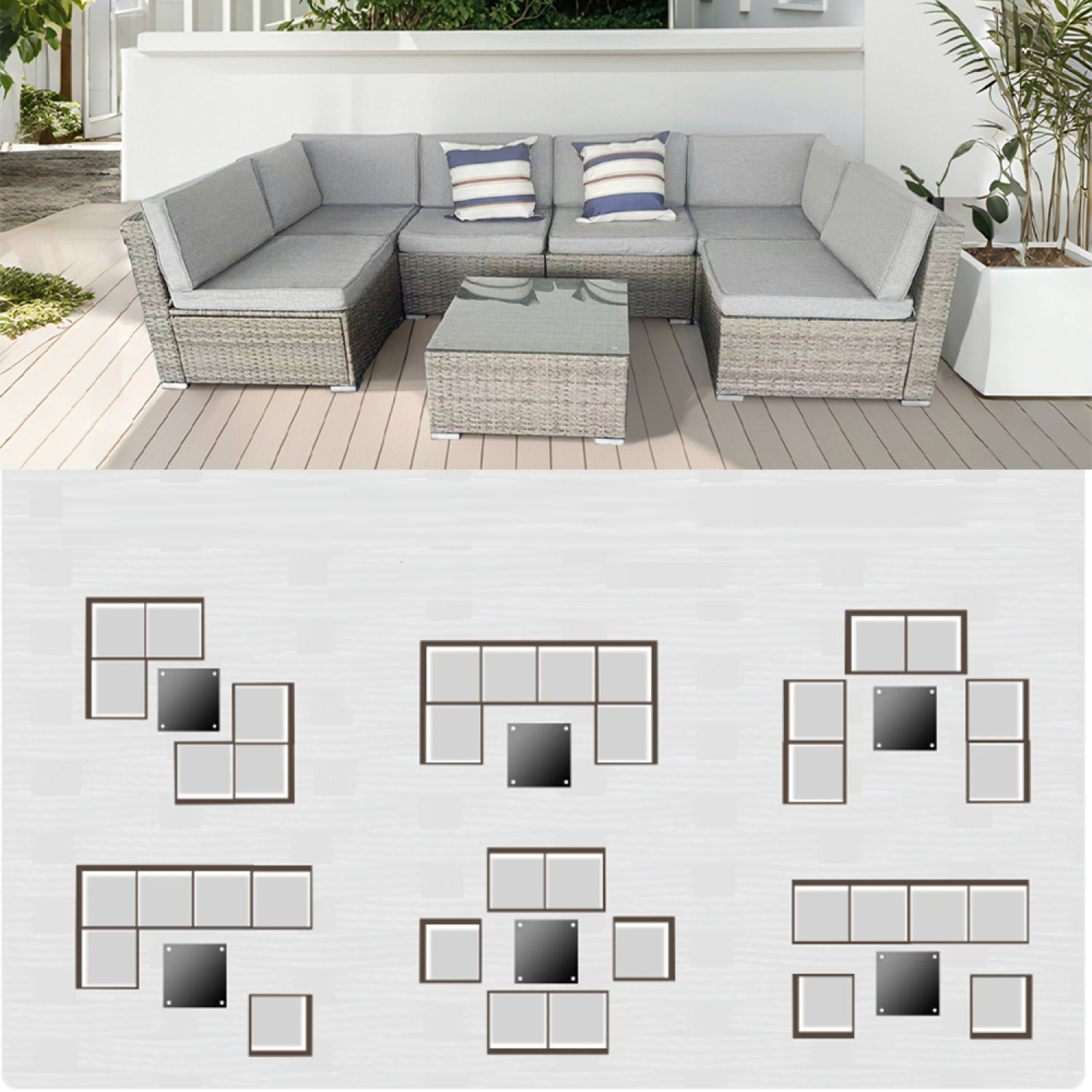 MALAKA - Salon de jardin modulable 6 places en résine tressée - gris et gris