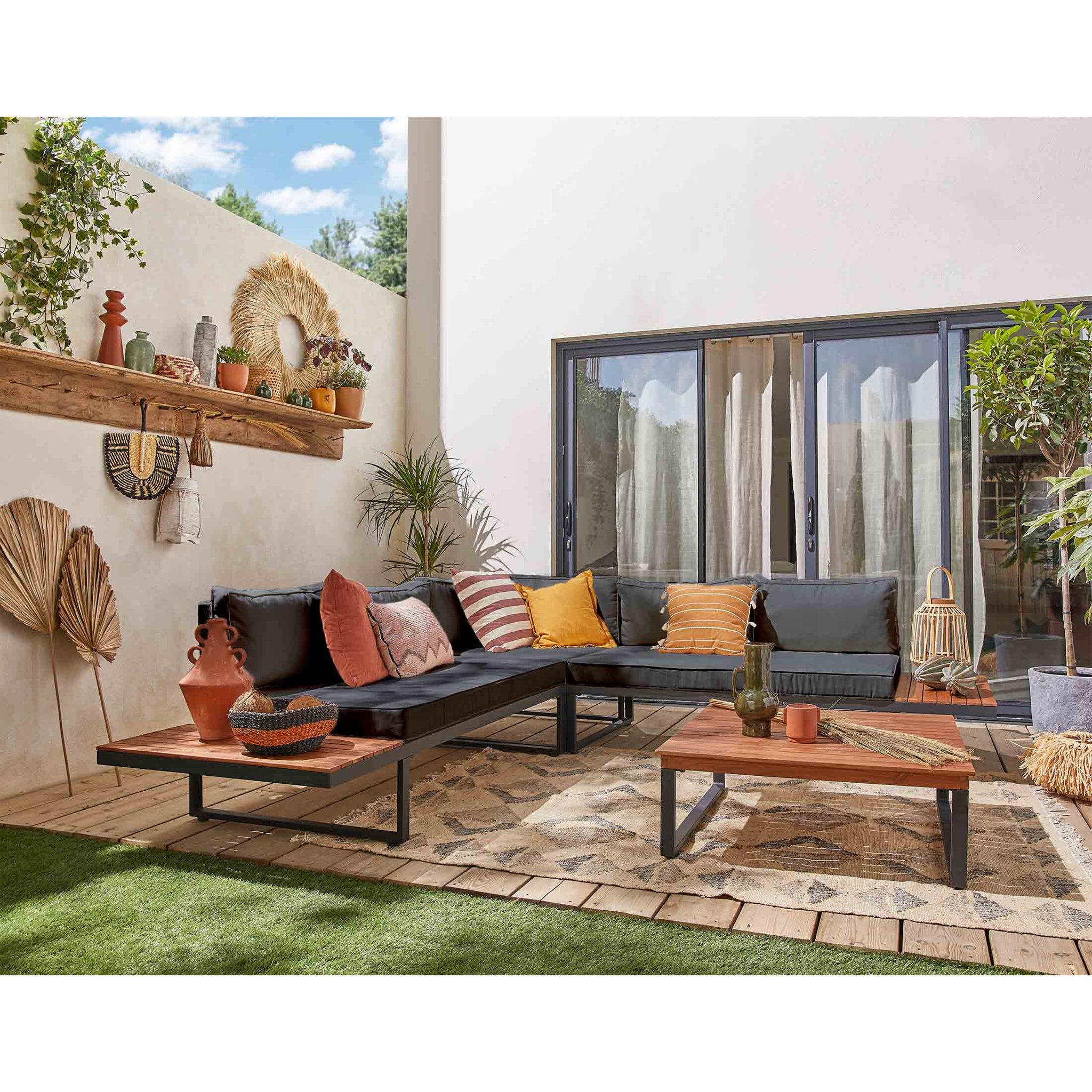 Yulara - salon de jardin en bois et métal - 5 places - coussins gris - Noir / Bois / Beige