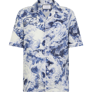 PHILIPP PLEIN Linen Bowling Shirt All-Over Ceramic