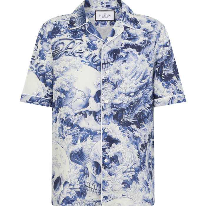 PHILIPP PLEIN Linen Bowling Shirt All-Over Ceramic