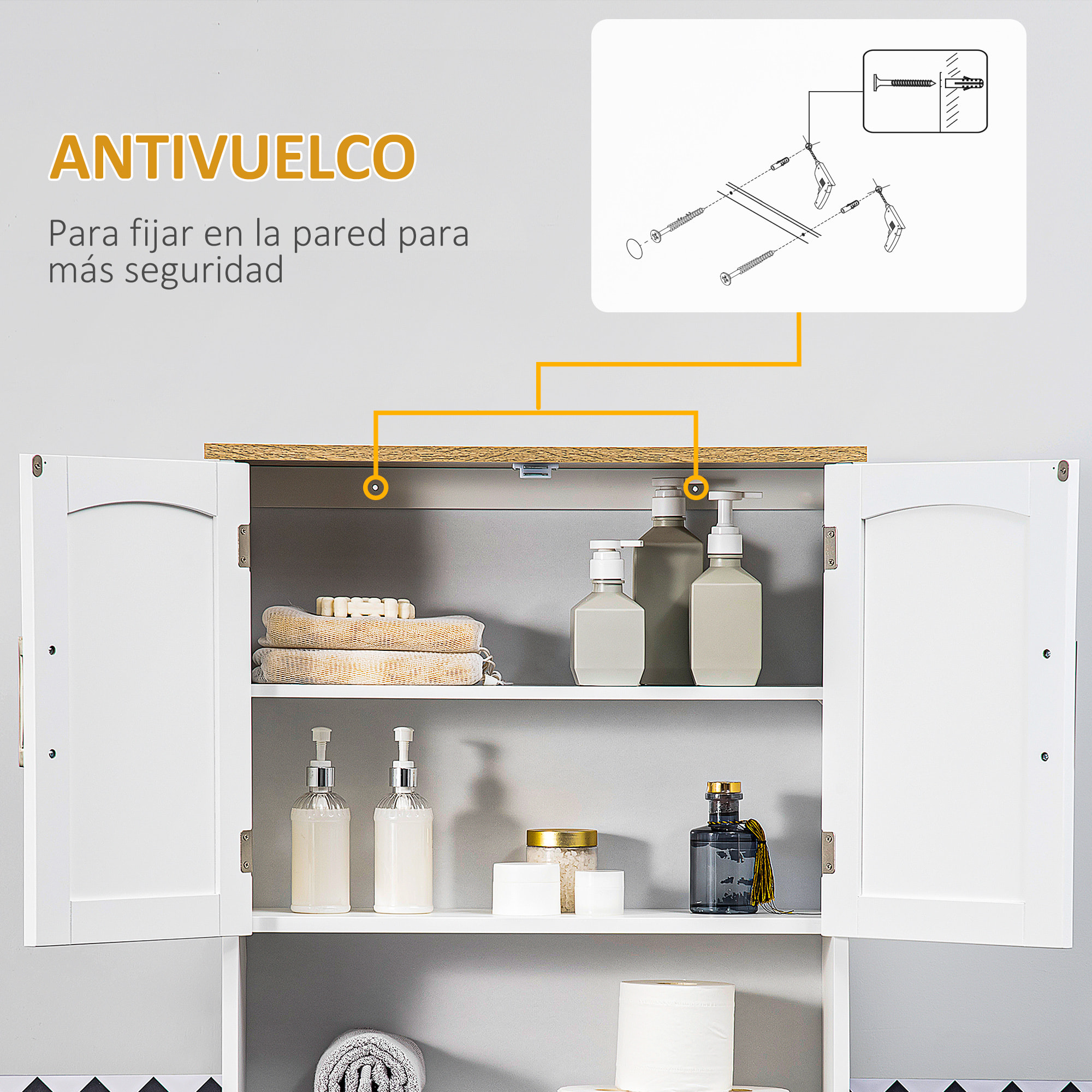 kleankin Mueble sobre Inodoro Armario Alto para Lavadora con 2 Puertas Balda Ajustable Interior y Estante de Almacenaje para Baño WC Carga 20 kg Antivuelco 64x22x165 cm Blanco