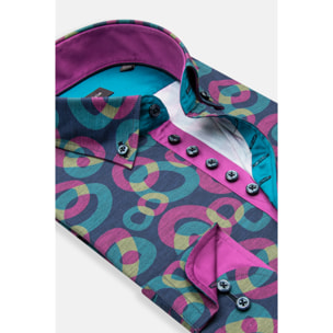 Camicia Uomo 1 Bottoni Button Down Slim Popeline Stampato Blu/Viola Ciclamino