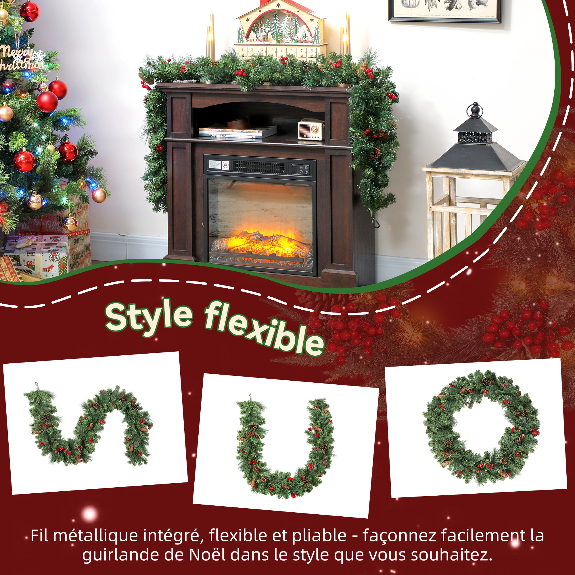 Guirlande de Noël artificielle 180 cm 162 branches denses 2 variétés - pommes de pin, baies rouges - vert