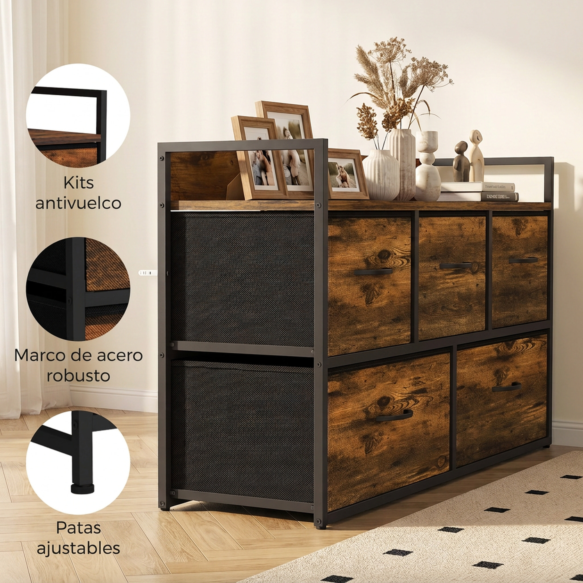 Mueble Organizador Cajonera de Tela con Cajones Plegables Estante Abierto y Marco de Acero Estilo Industrial para Salón Recibidor Dormitorio 98x29x63 cm, Marrón Rústico
