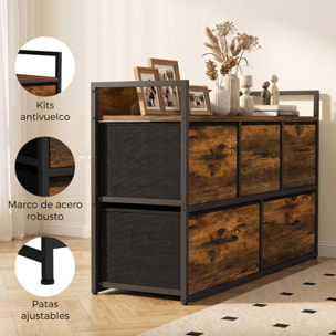 Mueble Organizador Cajonera de Tela con Cajones Plegables Estante Abierto y Marco de Acero Estilo Industrial para Salón Recibidor Dormitorio 98x29x63 cm, Marrón Rústico