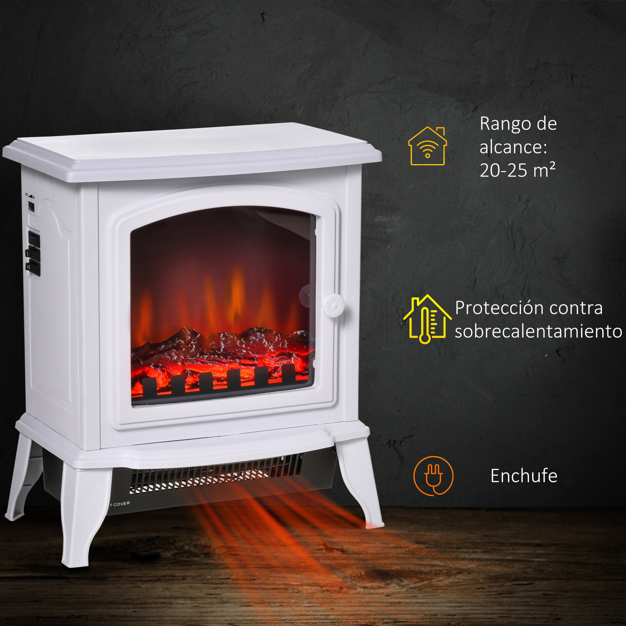 Chimenea Eléctrica Portátil 1000/2000W con Llama Simulada Termostato Ajustable y Protección Sobrecalentamiento para Salas de hasta 25 m² 36,5x24x45,5 cm Blanco