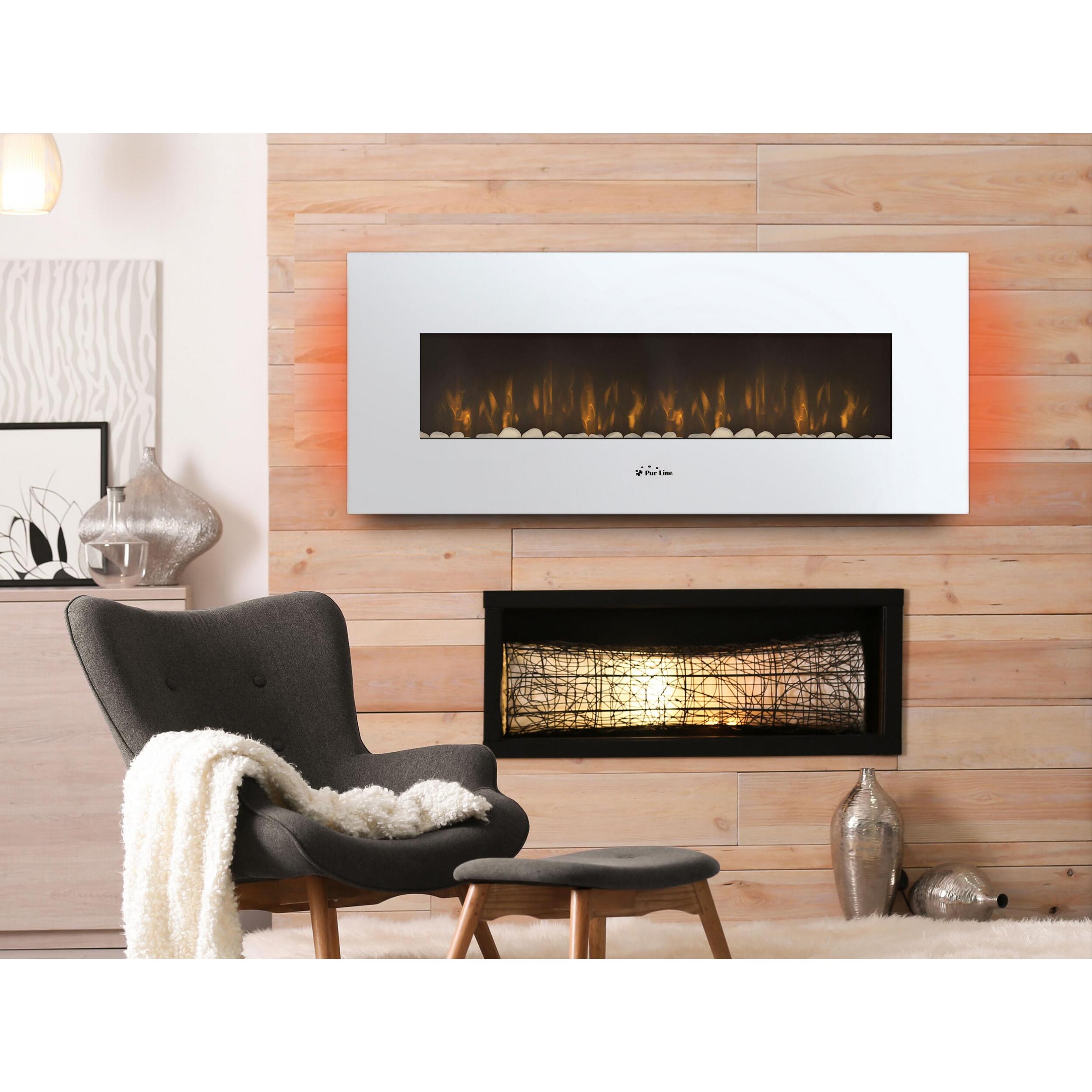 Chimenea Eléctrica Panorámica con luz LED ambiental y panel frontal blanco CHE-505 PURLINE