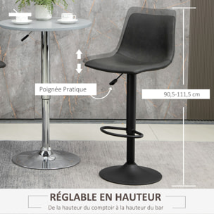 Lot de 2 tabourets de bar Vintage hauteur réglable pivotant avec repose-pied PU avec surpiqûres gris foncé