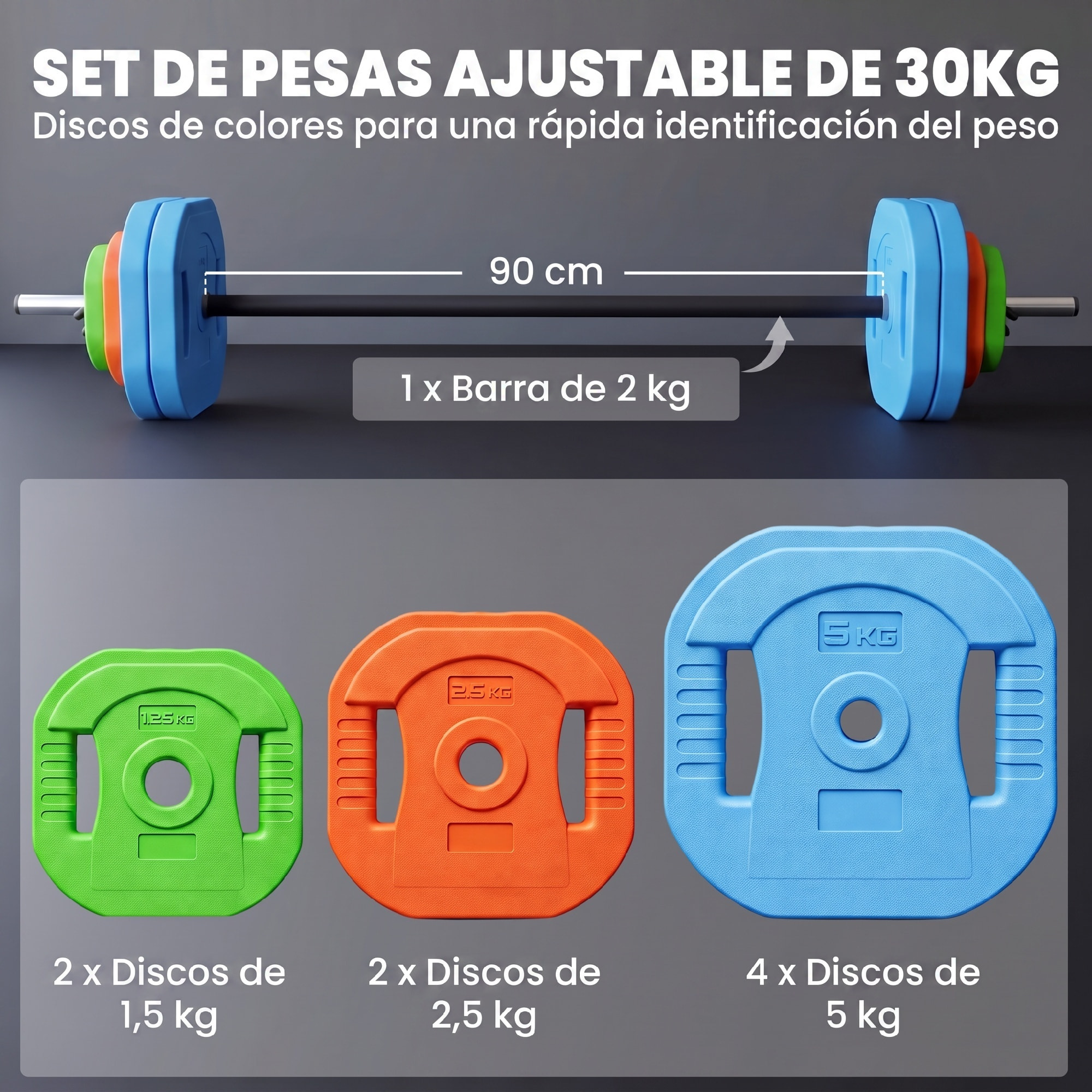 SPORTNOW Barra de Pesas 30 kg, Set de Pesas Ajustables con Barra de Acero de 140 cm, 8 Discos de 4x5kg, 2x2,5kg, 2x1,25kg, 2 Clips, Juego de Mancuernas para Entrenamiento de Fuerza en Casa Gimnasio