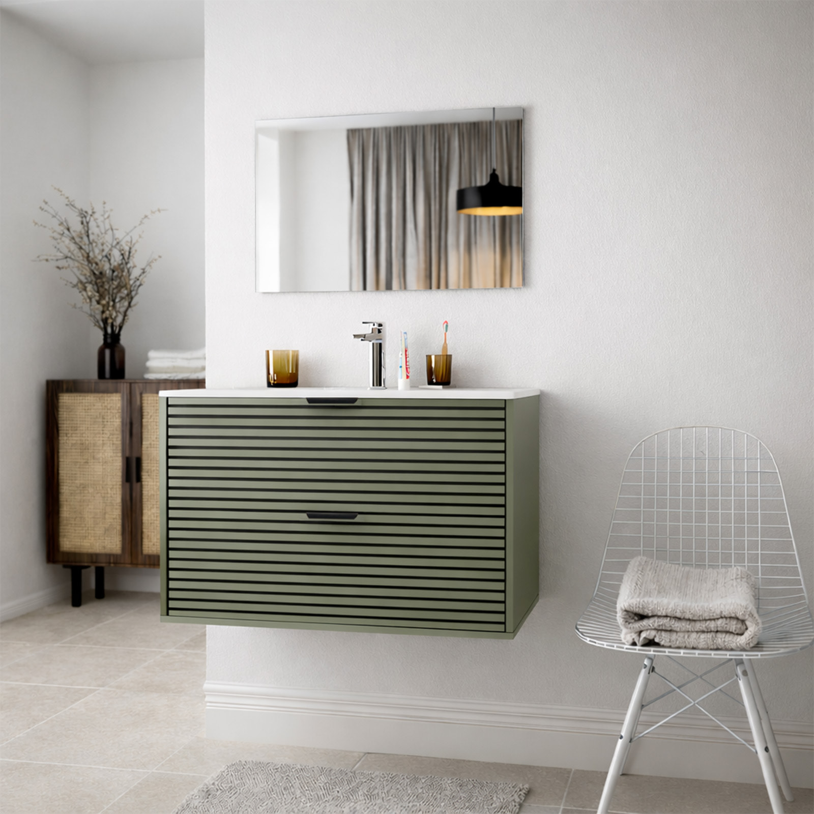 Meuble Salle de Bain Cranté Vert et Noir 80cm - 2 Tiroirs, Vasque et Miroir - MALO