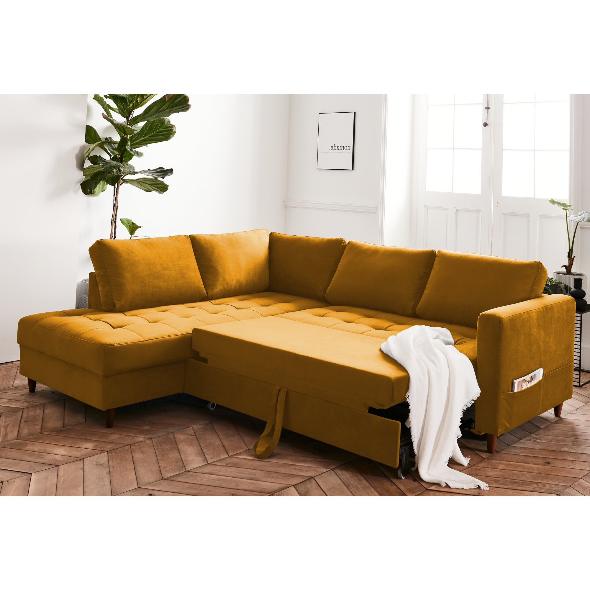 Anna - canapé d'angle gauche - 5 places - convertible - en velours - Jaune
